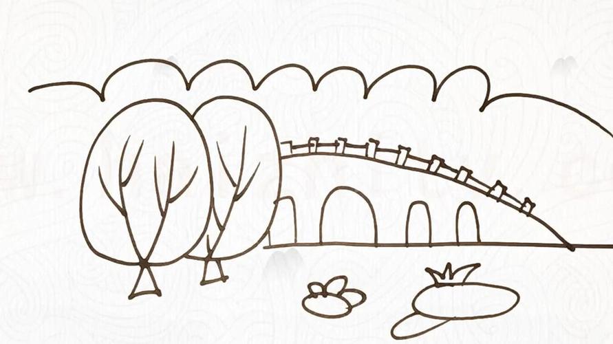 简笔画教程首先画出小桥的大体轮廓然后画出水面然后将小桥涂上