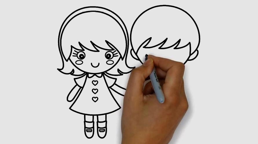 2小人简笔画本视频画出了两个小人牵手的样子先画出女生的脸和头发