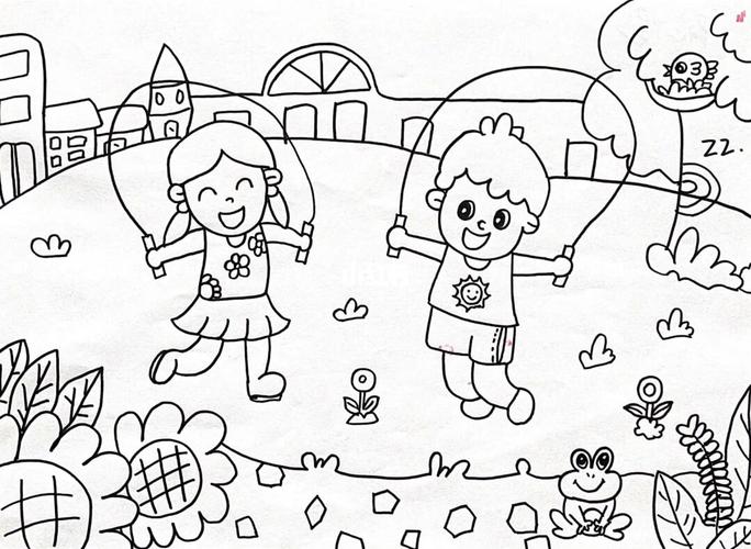 主题跳绳运动真快乐公园欢乐多简笔画  幼儿教师编制  主题画