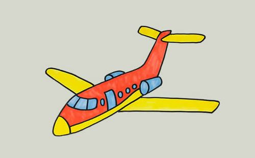 机翼补充门窗等细节最后用蓝色黄色和红色给飞机上色飞机简笔画就