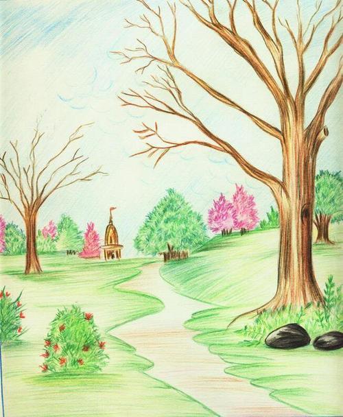 简笔画有哪些春天的景色儿童画 池塘风光儿童画画风景春夏秋冬风景画