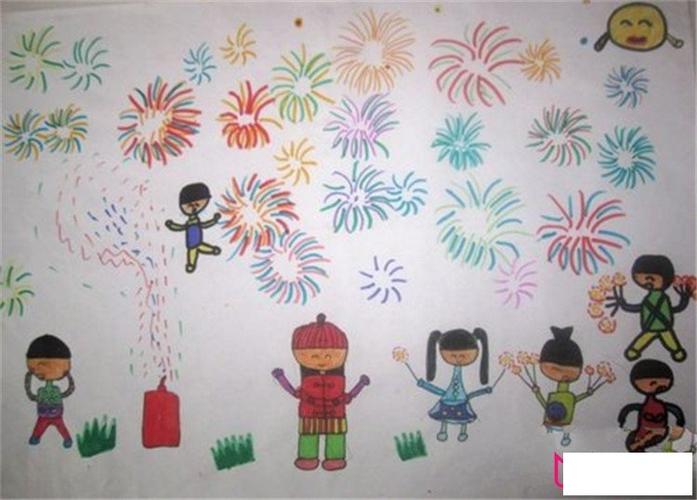 天上的烟花简笔画春节儿童画作品欣赏