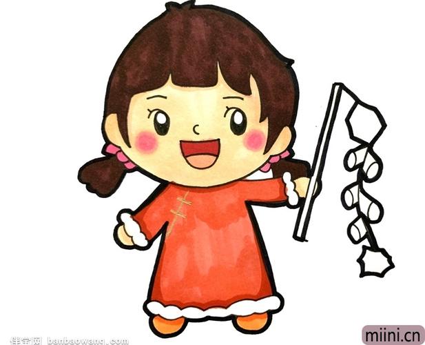 春节放鞭炮的小女孩简笔画步骤教程-miini娃娃手工网