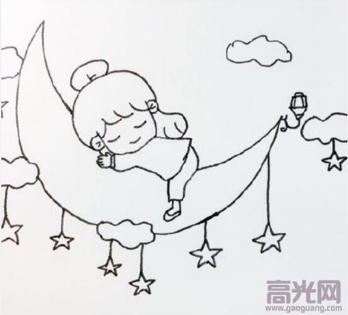 卡通人物简笔画教程睡在月亮上的小女孩步骤图