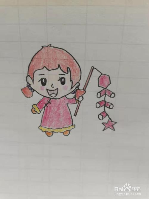 最后涂上漂亮的颜色小女孩放鞭炮简笔画你学会了吗