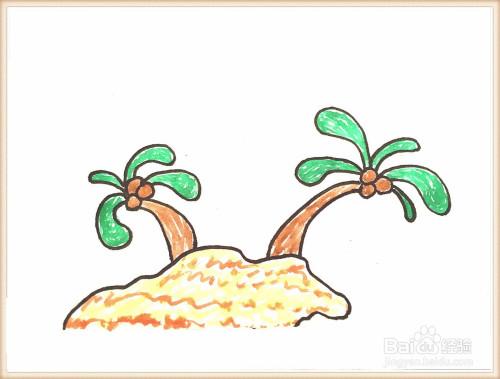 最后把椰子和树杆涂成咖色就可以了如图所示椰树沙滩简笔画就完成