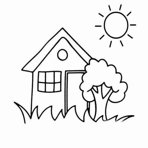 关于树木房子太阳动物草组成的幼儿主题简笔画