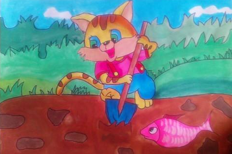 小猫种鱼的简笔画