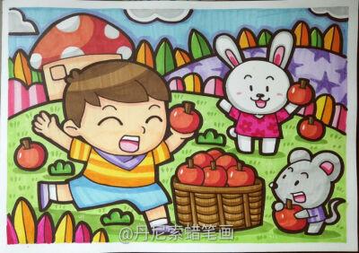 儿童画 简笔画 小兔子 摘果子 苹果 户外童心童趣简笔画