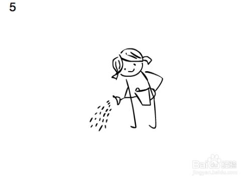 然后画上洒水壶和撒出的水滴浇水的女孩简笔画搞定