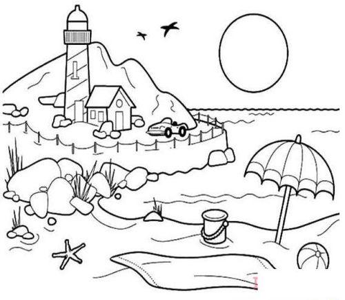 海滩风景儿童画怎么画简单海滩简笔画图片