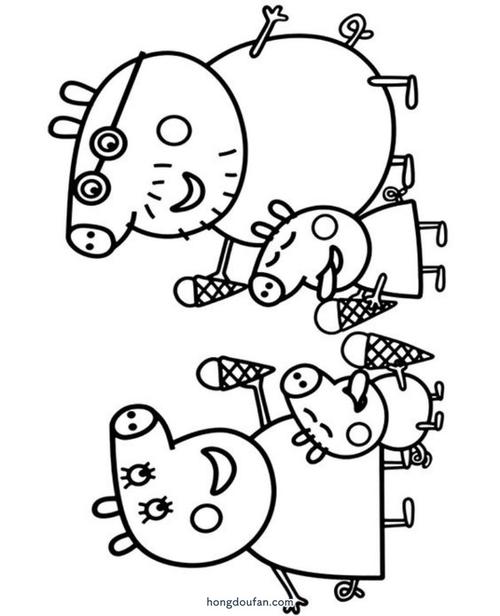 动画片小猪佩奇一家人吃冰激凌幼儿填色图片大全-红豆饭小学生简笔画