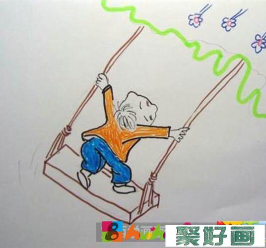 这样玩秋千的小男孩彩色简笔画就画好了如下图所示.