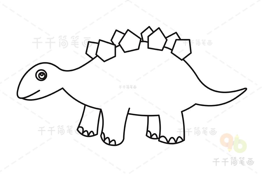 第四步按照同样的画法画出恐龙的后肢和尾巴恐龙简笔画完成