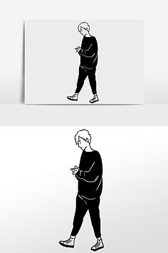 黑白简笔画低头看手机的男生手绘元素插画